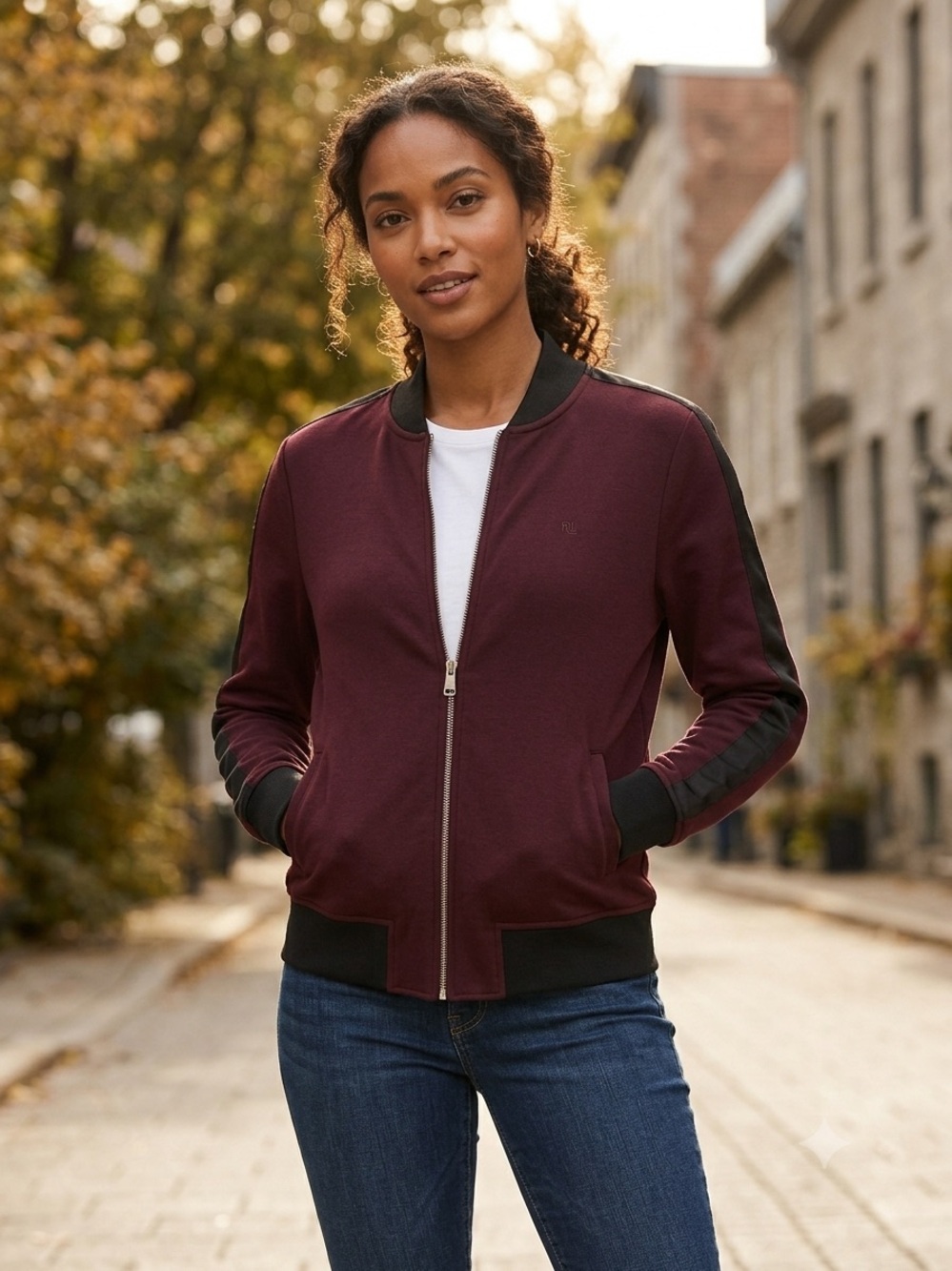 Ralph Lauren Women's Burgundy Bomber Jacket with Black Accents